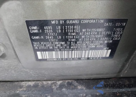 2018 Subaru Outback 2.5I Premium из США, поврежденный, VIN 4S4BSAFC8J3338686